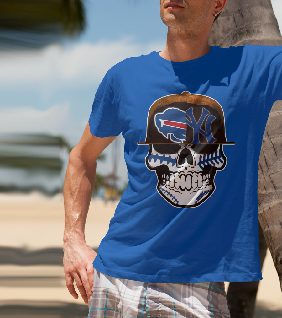 Buffalo Bills 75 Skull Design With Split Logo Yankees Cap T-Shirt