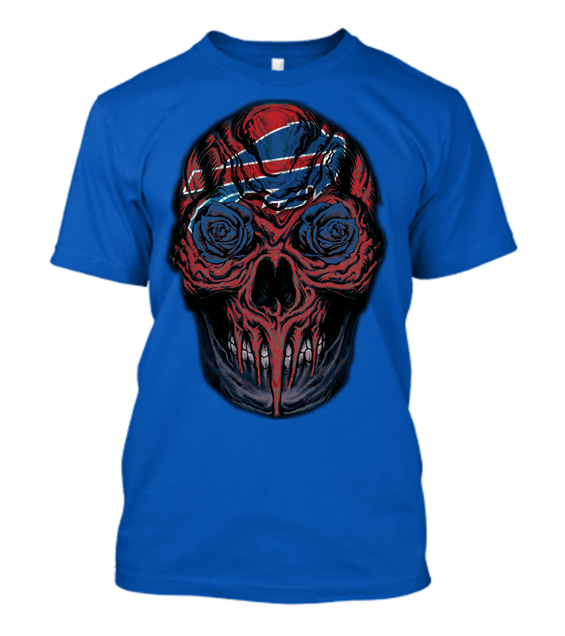 Buffalo Bills 34 Skull With Blue And Red Rose Eyes On Blue T-Shirt