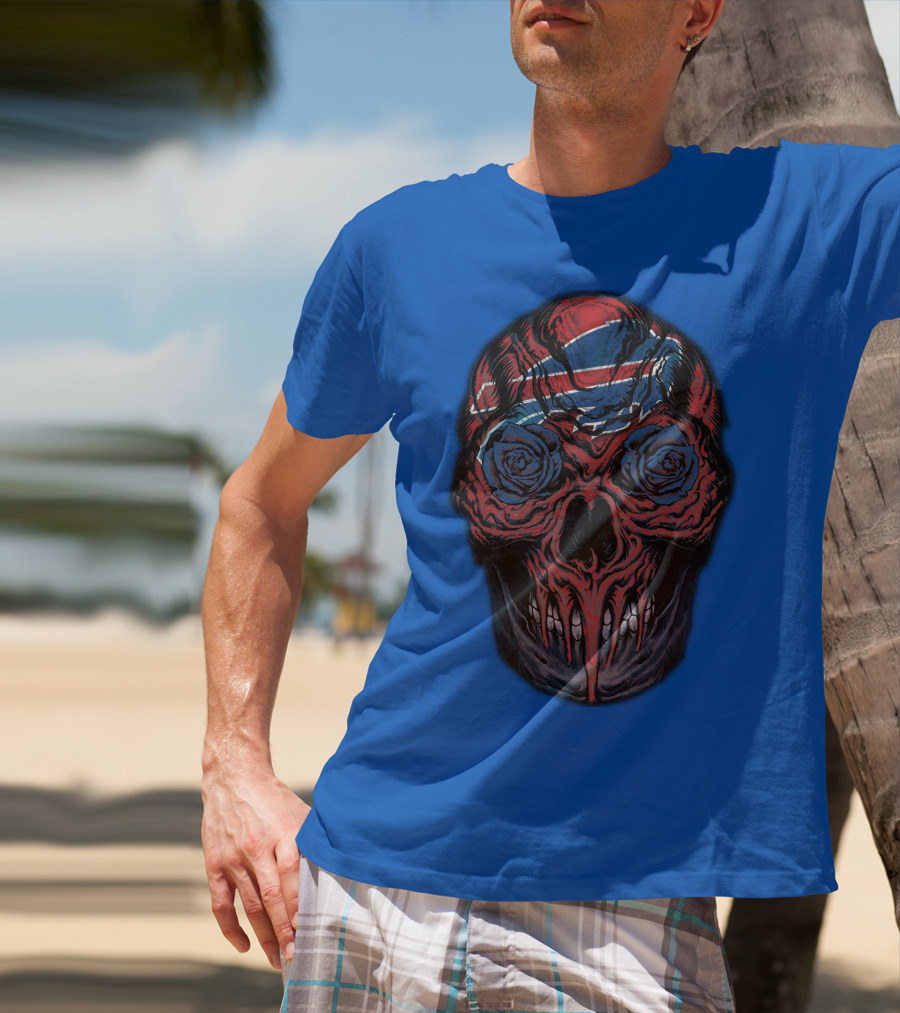 Buffalo Bills 34 Skull With Blue And Red Rose Eyes On Blue T-Shirt