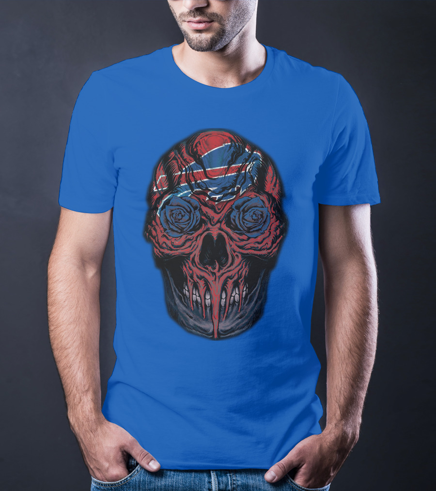 Buffalo Bills 34 Skull With Blue And Red Rose Eyes On Blue T-Shirt