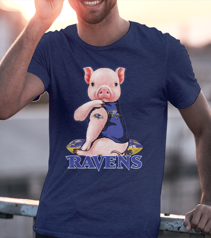 Ravens Pig Mascot With Baltimore Ravens T-Shirt