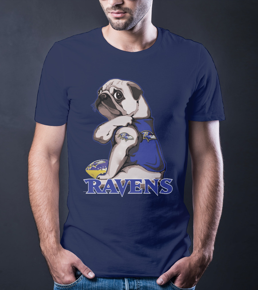 Pug Wearing Baltimore Ravens Gear With Logo And Football T-Shirt