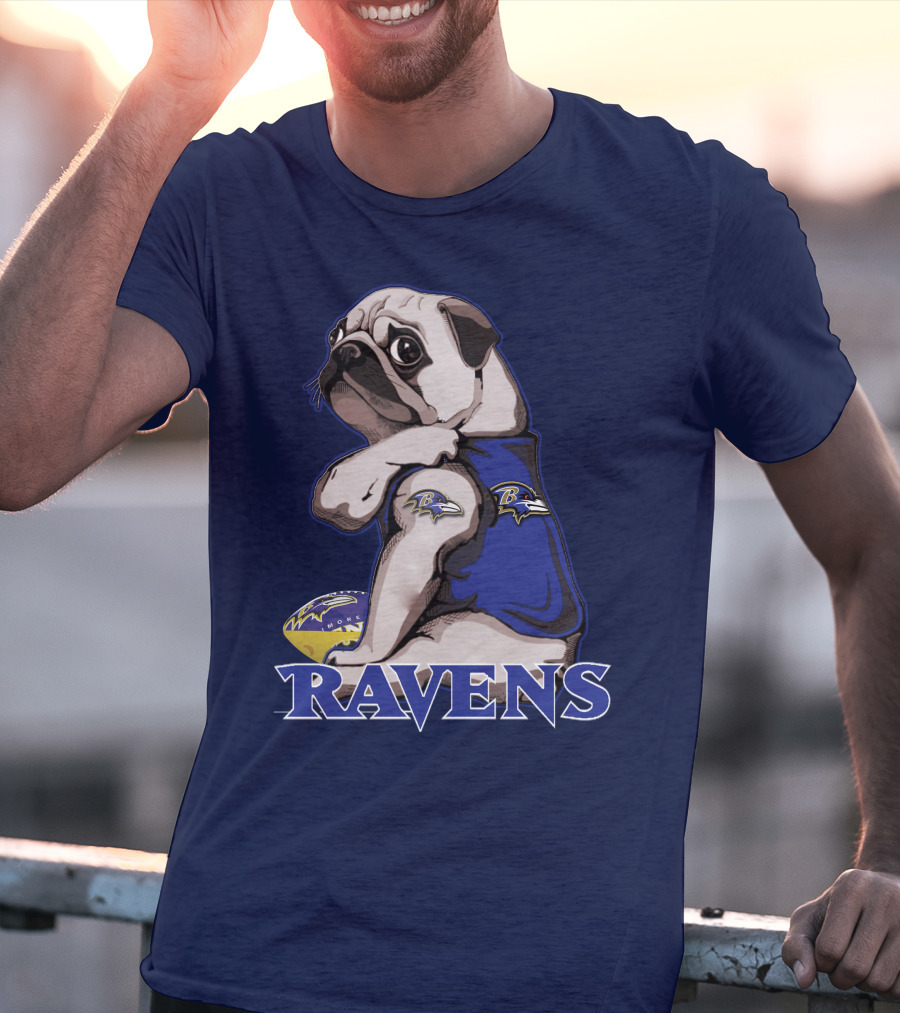 Pug Wearing Baltimore Ravens Gear With Logo And Football T-Shirt