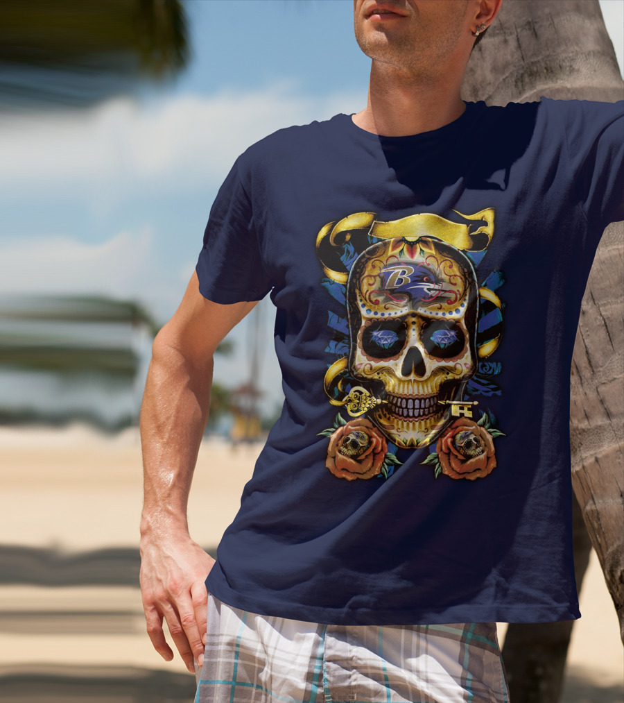 Baltimore Ravens Sugar Skull Art With Roses And Ribbon T-Shirt