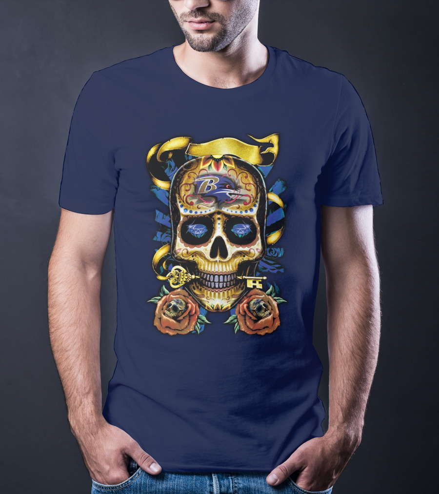 Baltimore Ravens Sugar Skull Art With Roses And Ribbon T-Shirt