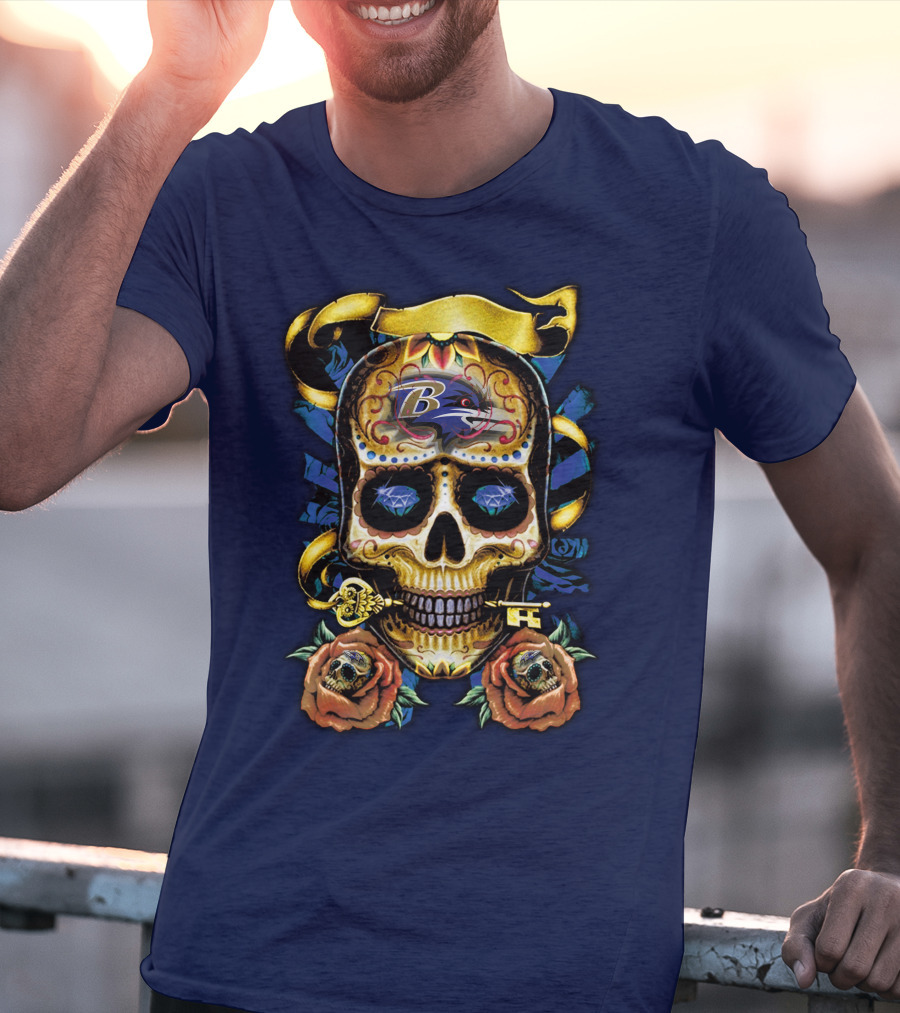 Baltimore Ravens Sugar Skull Art With Roses And Ribbon T-Shirt