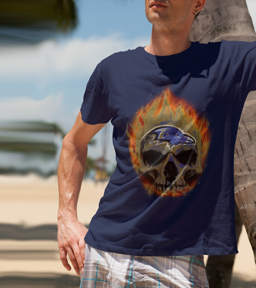 Baltimore Ravens Skull Flaming Logo Fire T-Shirt