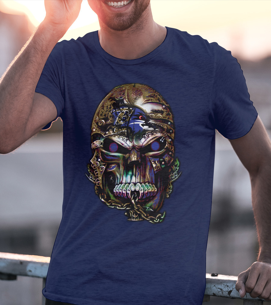Baltimore Ravens 70 Skull Design With Ravens Logo And Metallic Elements T-Shirt