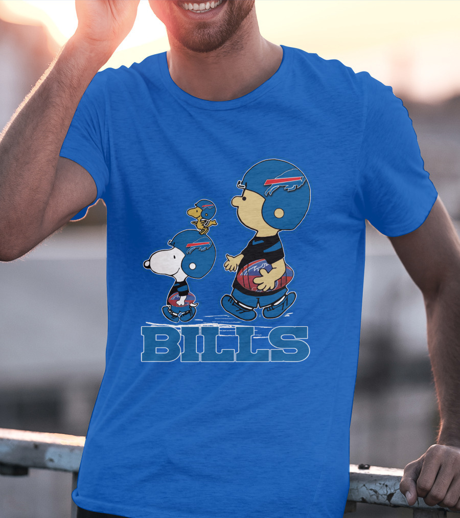 Snpfootball Buffalo Bills Snoopy Woodstock Peanuts Characters With Helmets Football T-Shirt