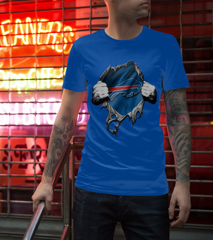 Torn Buffalo Bills Ripped Logo Hands Blue Background T-Shirt