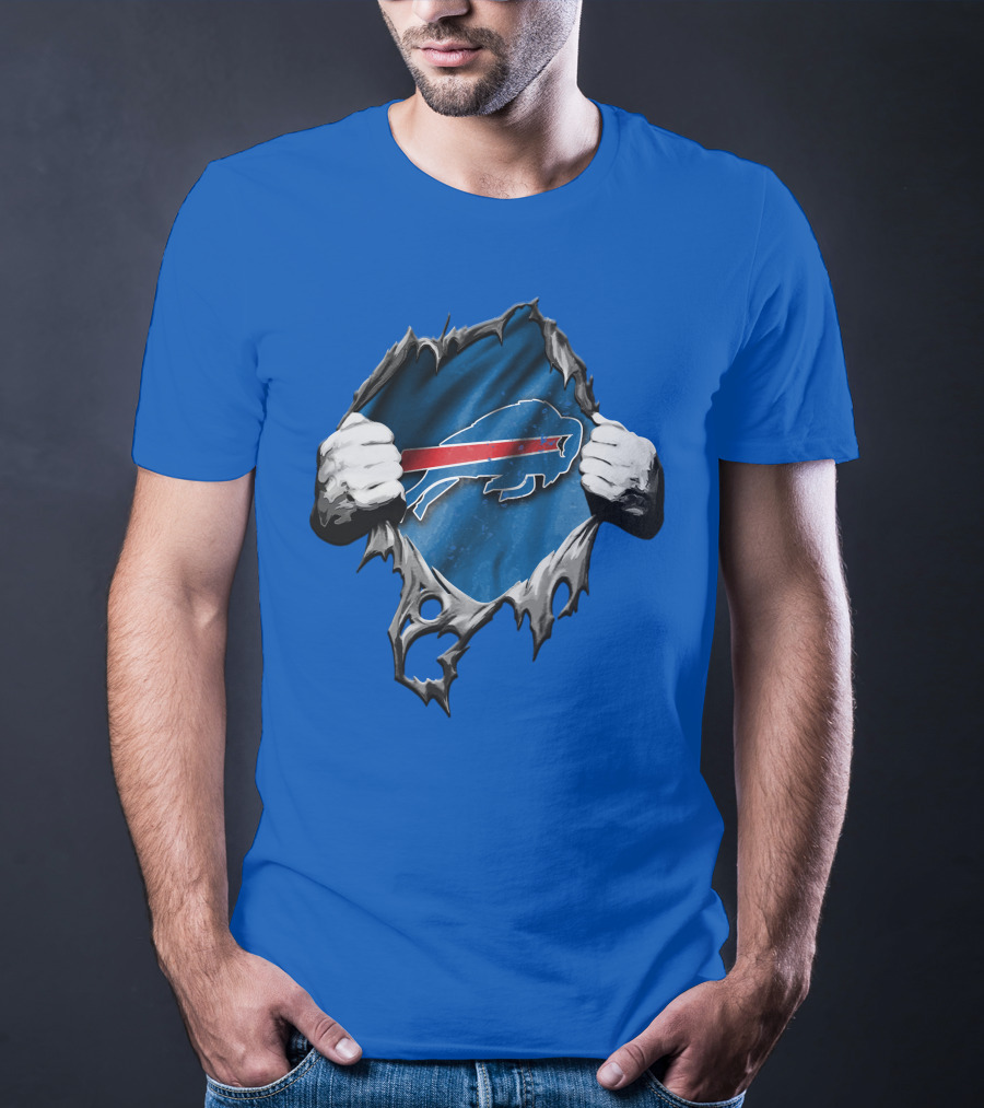 Torn Buffalo Bills Ripped Logo Hands Blue Background T-Shirt