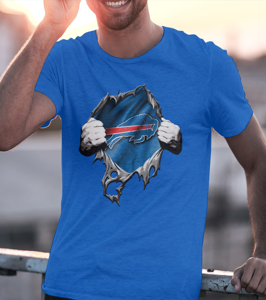 Torn Buffalo Bills Ripped Logo Hands Blue Background T-Shirt