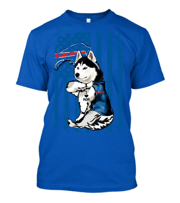 Siberian Husky Wearing Blue Buffalo Bills Vest With Heart Mom Tattoo And Flag T-Shirt