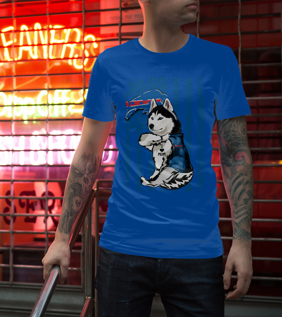 Siberian Husky Wearing Blue Buffalo Bills Vest With Heart Mom Tattoo And Flag T-Shirt