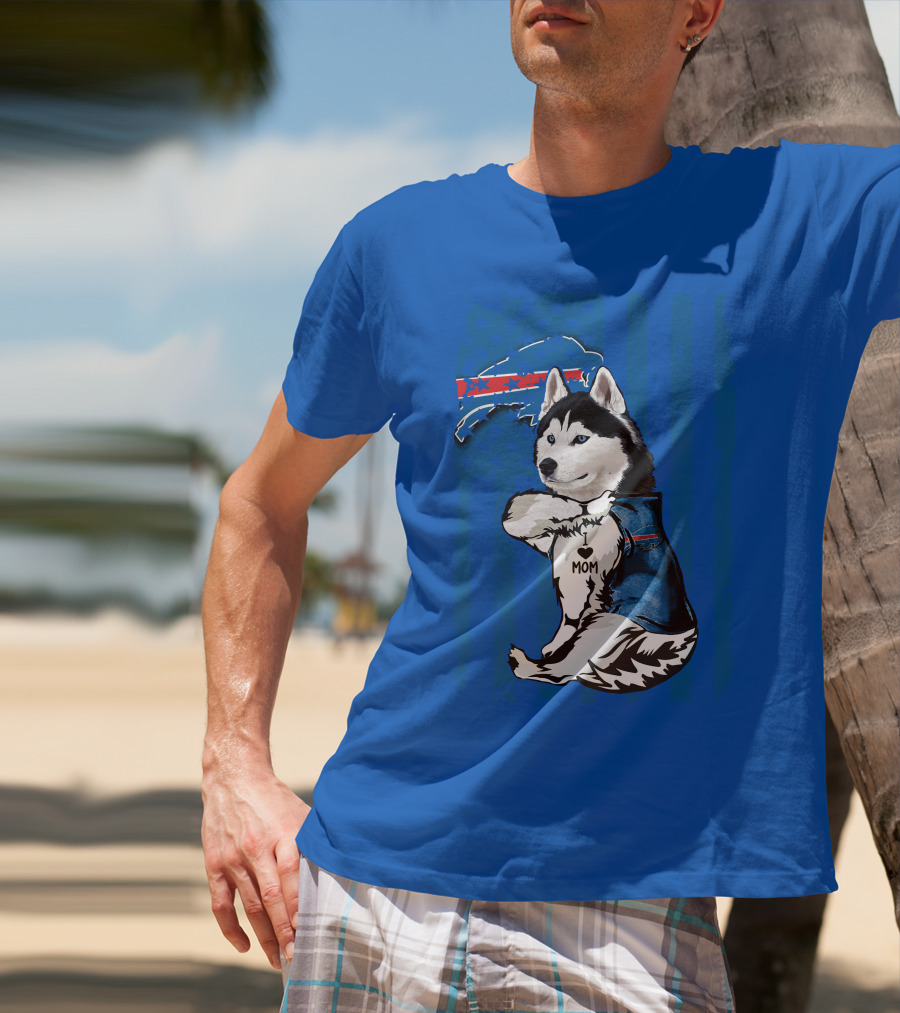 Siberian Husky Wearing Blue Buffalo Bills Vest With Heart Mom Tattoo And Flag T-Shirt