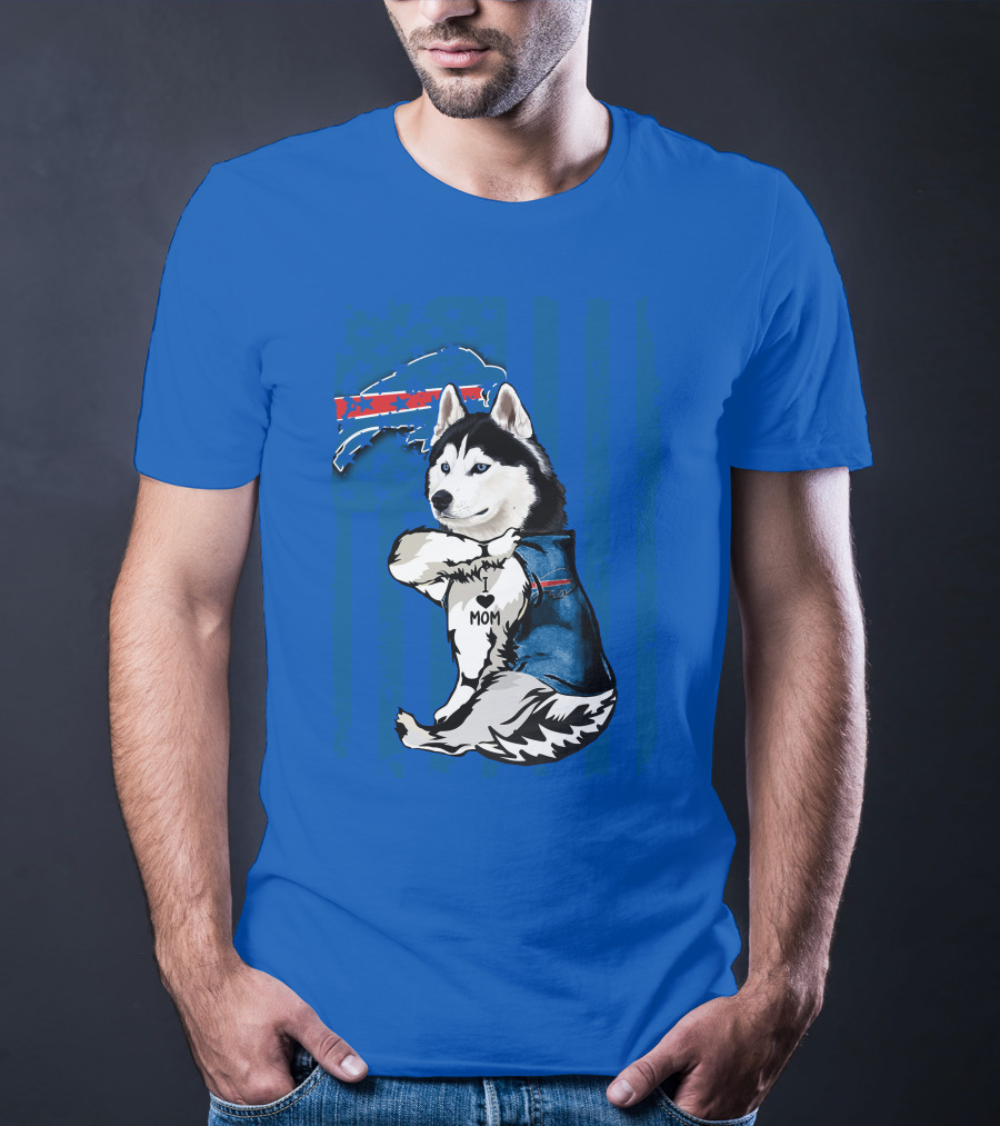 Siberian Husky Wearing Blue Buffalo Bills Vest With Heart Mom Tattoo And Flag T-Shirt