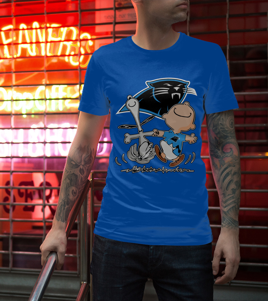 Carolina Panthers 27 Dance With Cartoon Dog And Boy Football Team T-Shirt