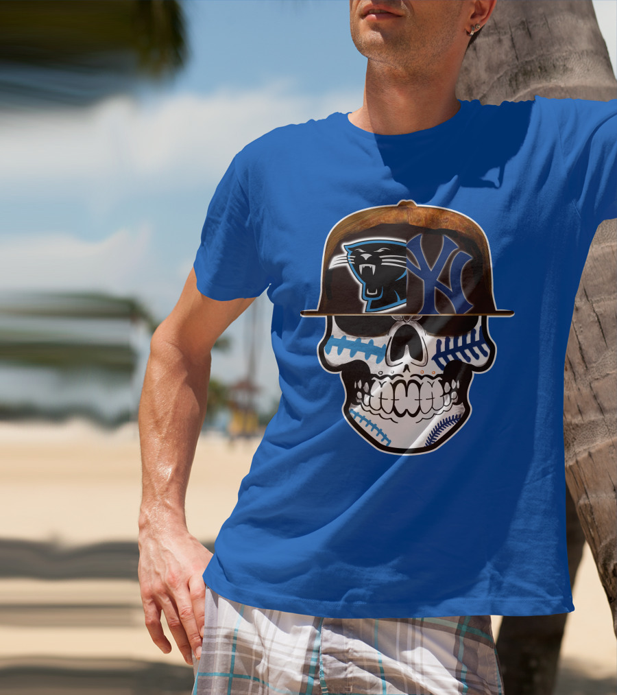 Carolina Panthers New York Yankees Skull Hat T-Shirt