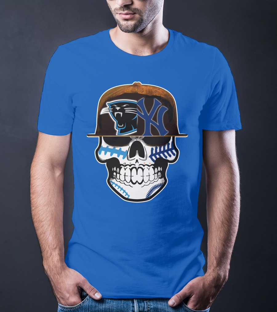 Carolina Panthers New York Yankees Skull Hat T-Shirt