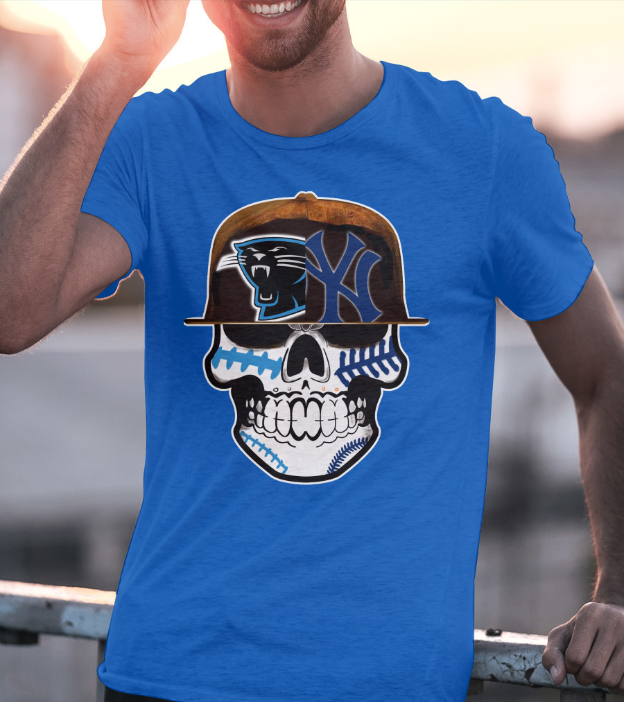 Carolina Panthers New York Yankees Skull Hat T-Shirt