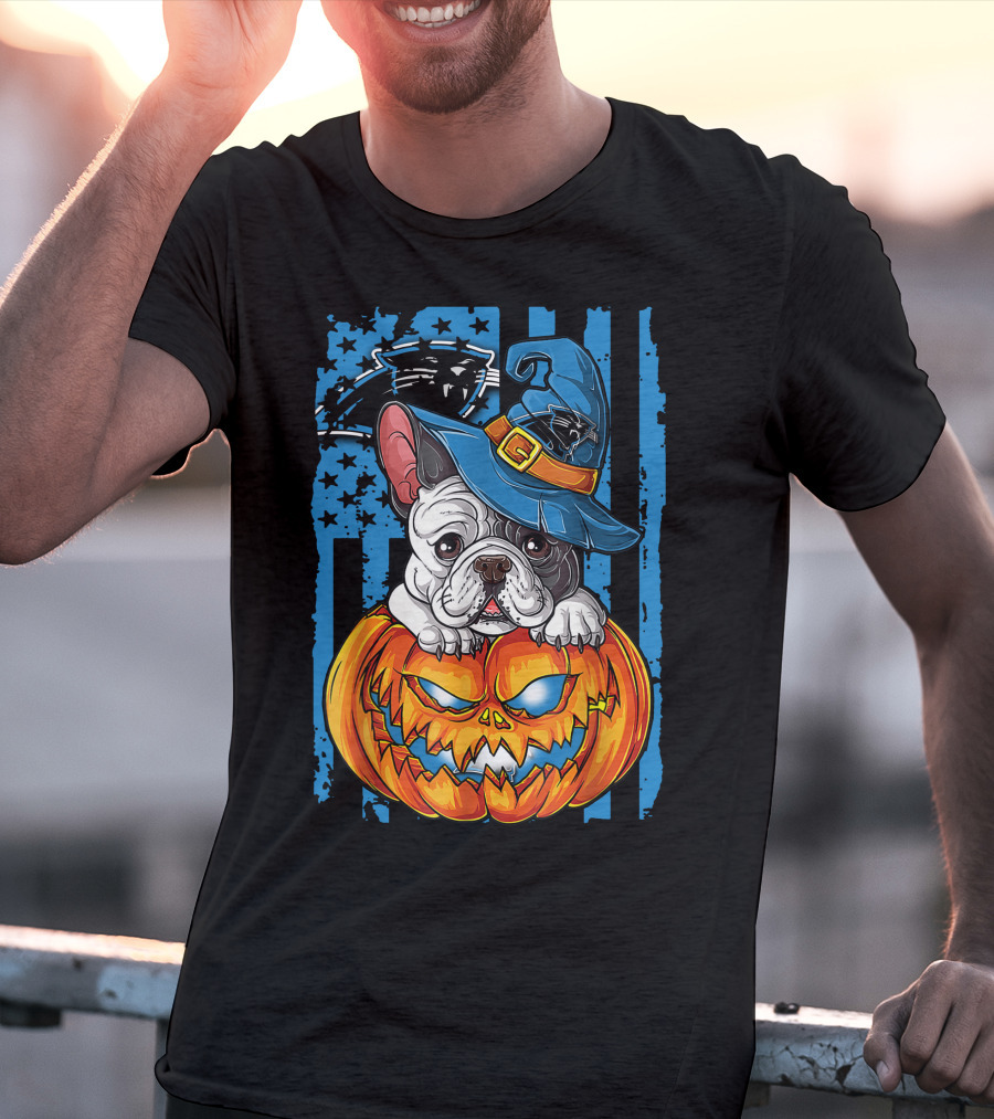Bulldog Halloween Pumpkin Outfit Carolina Panthers Fan Style T-Shirt
