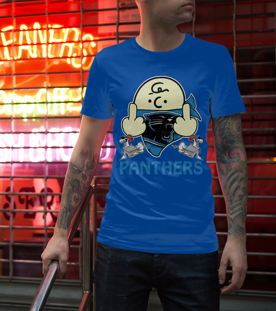 Carolina Panthers Bold Cartoon Character With Snoopy Imagery Middle Finger Salute T-Shirt