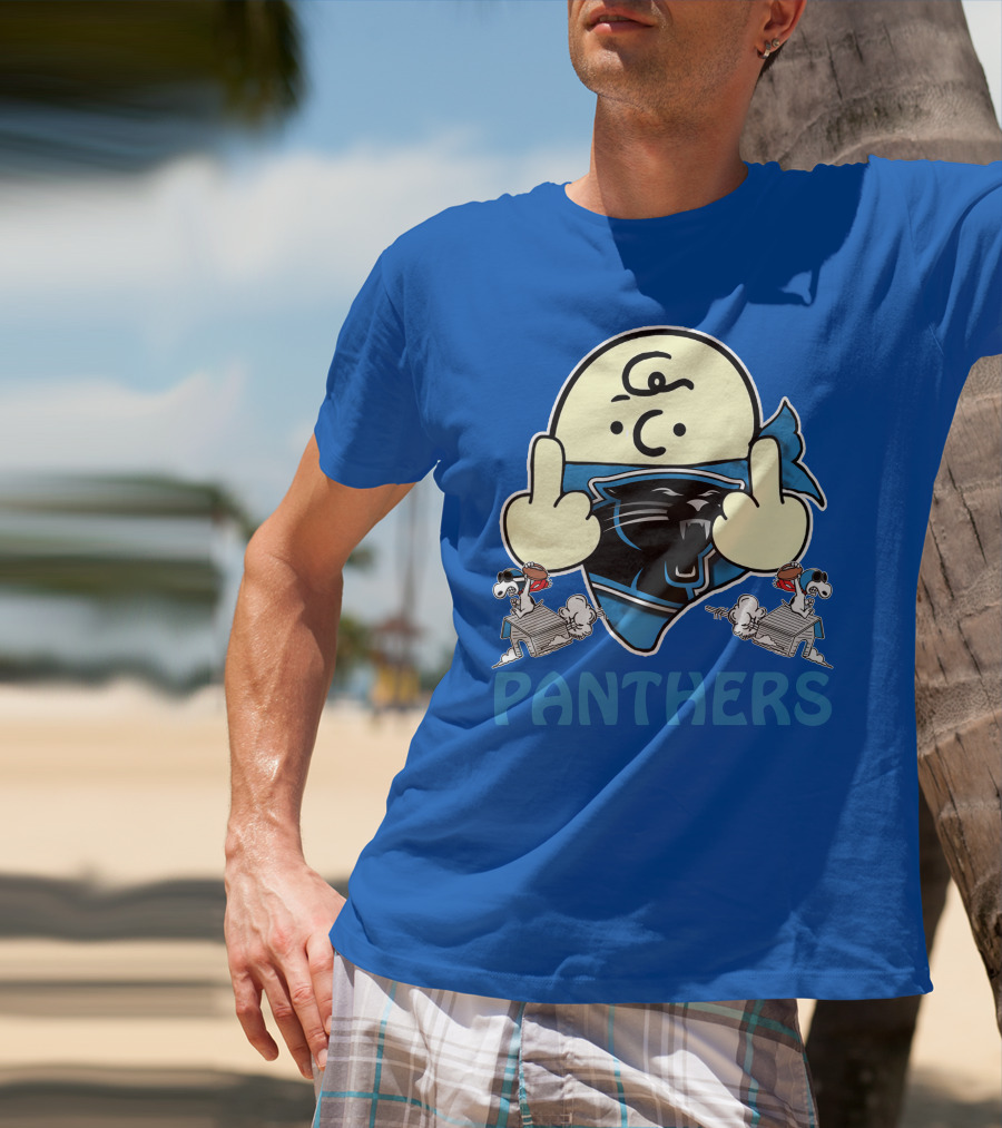 Carolina Panthers Bold Cartoon Character With Snoopy Imagery Middle Finger Salute T-Shirt