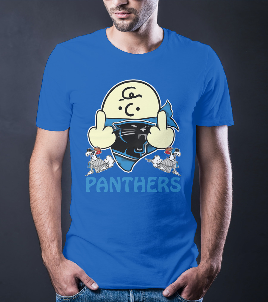 Carolina Panthers Bold Cartoon Character With Snoopy Imagery Middle Finger Salute T-Shirt
