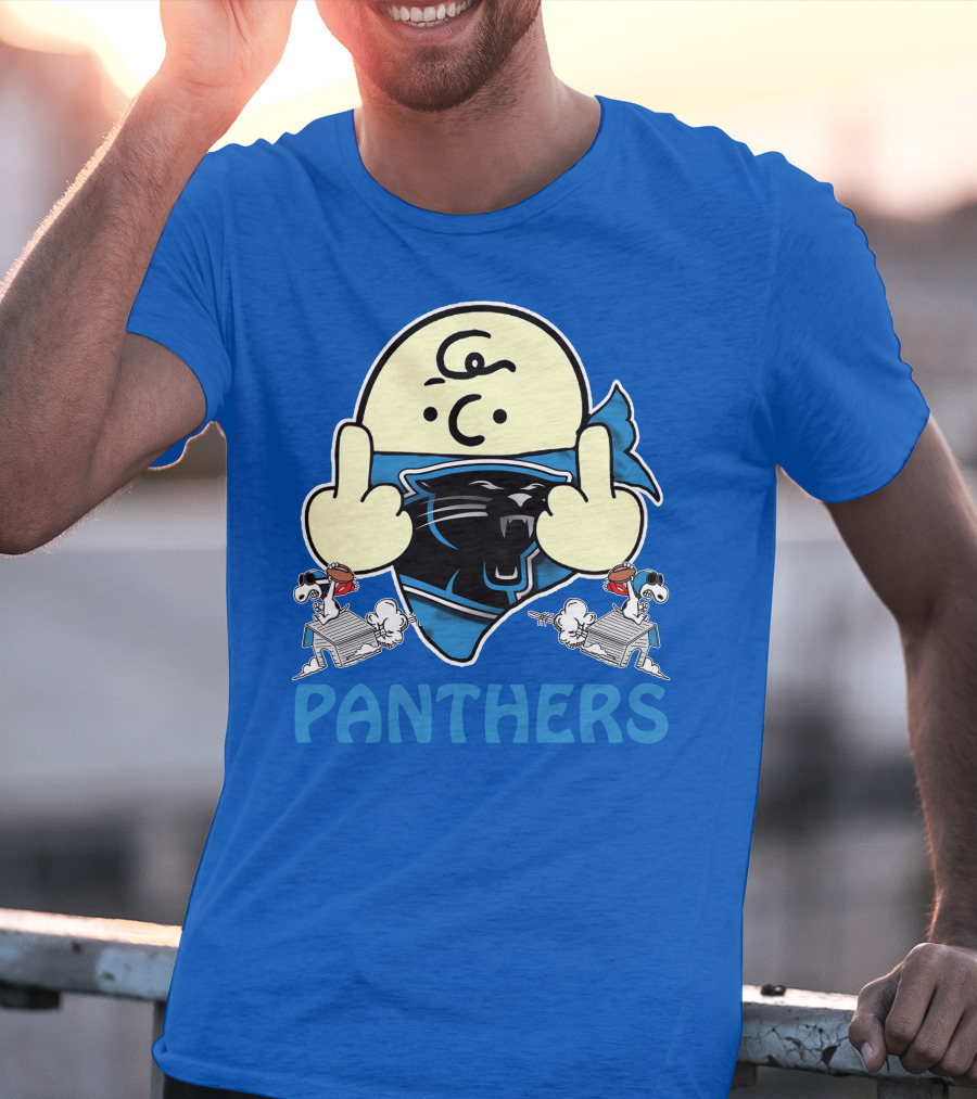 Carolina Panthers Bold Cartoon Character With Snoopy Imagery Middle Finger Salute T-Shirt