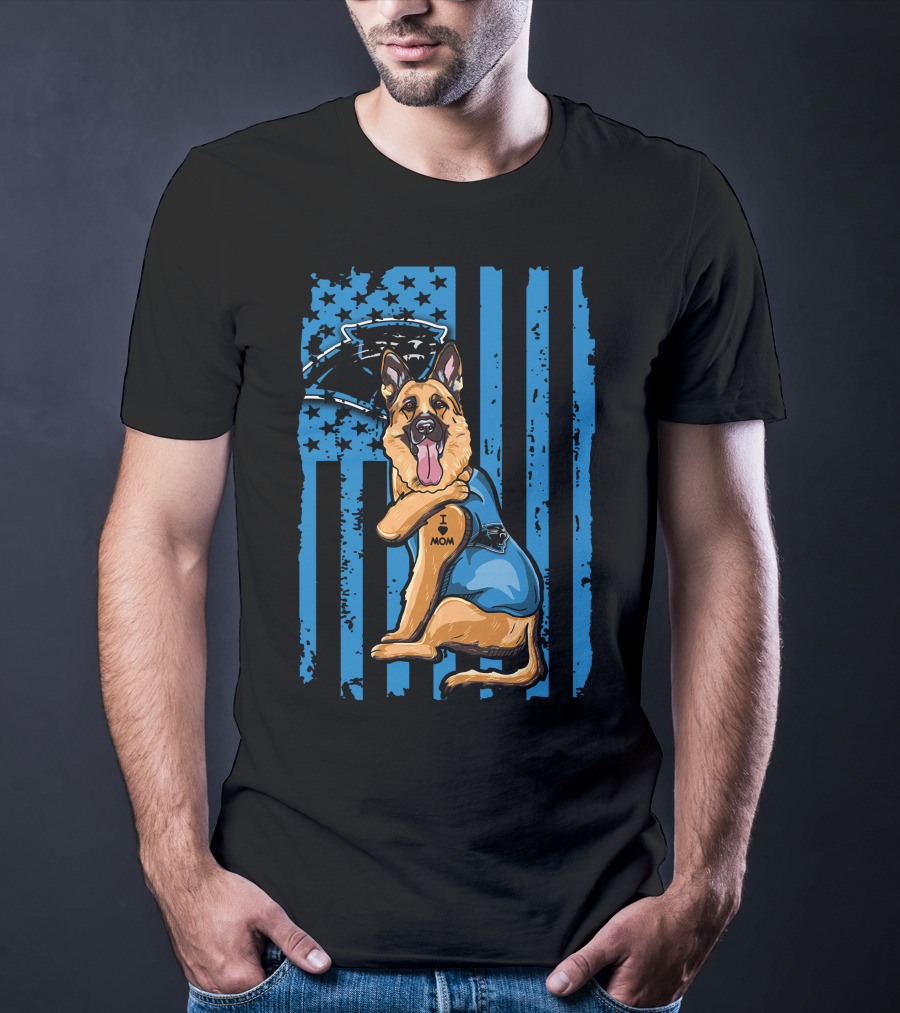 German Shepherd I Love Mom Carolina Panthers Blue American Flag T-Shirt