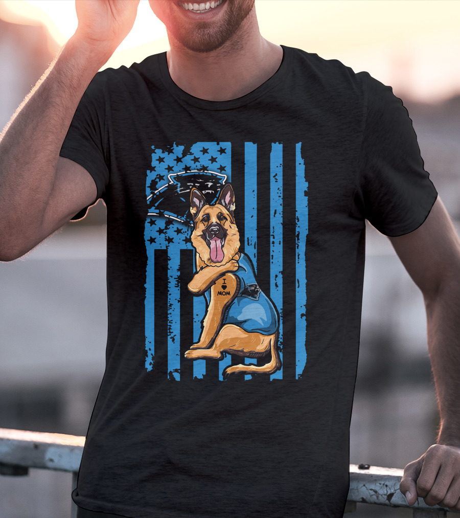 German Shepherd I Love Mom Carolina Panthers Blue American Flag T-Shirt