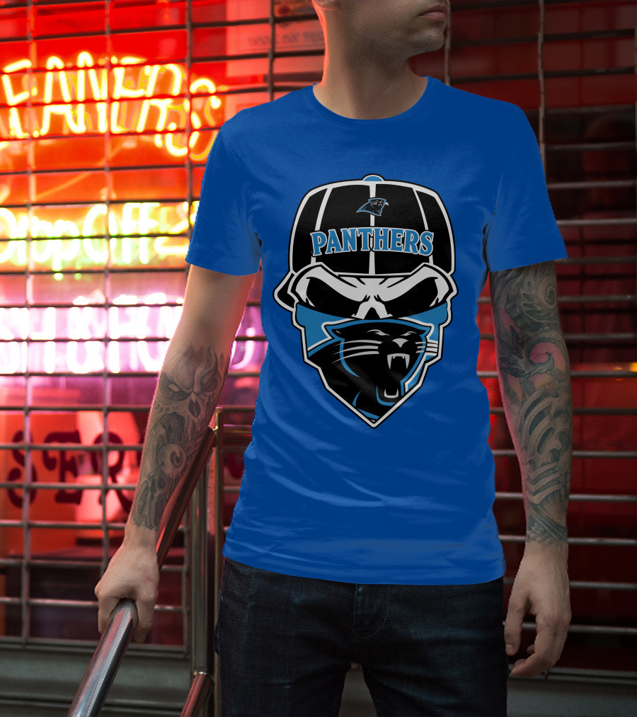Carolina Panthers Logo And Skull With Bandana T-Shirt