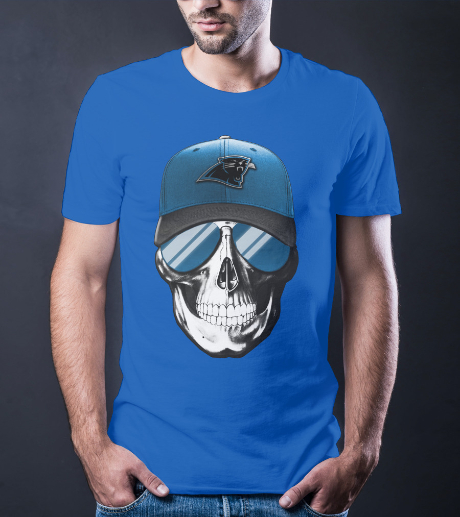 Skull Wearing Carolina Panthers Logo Hat With Reflective Sunglasses T-Shirt