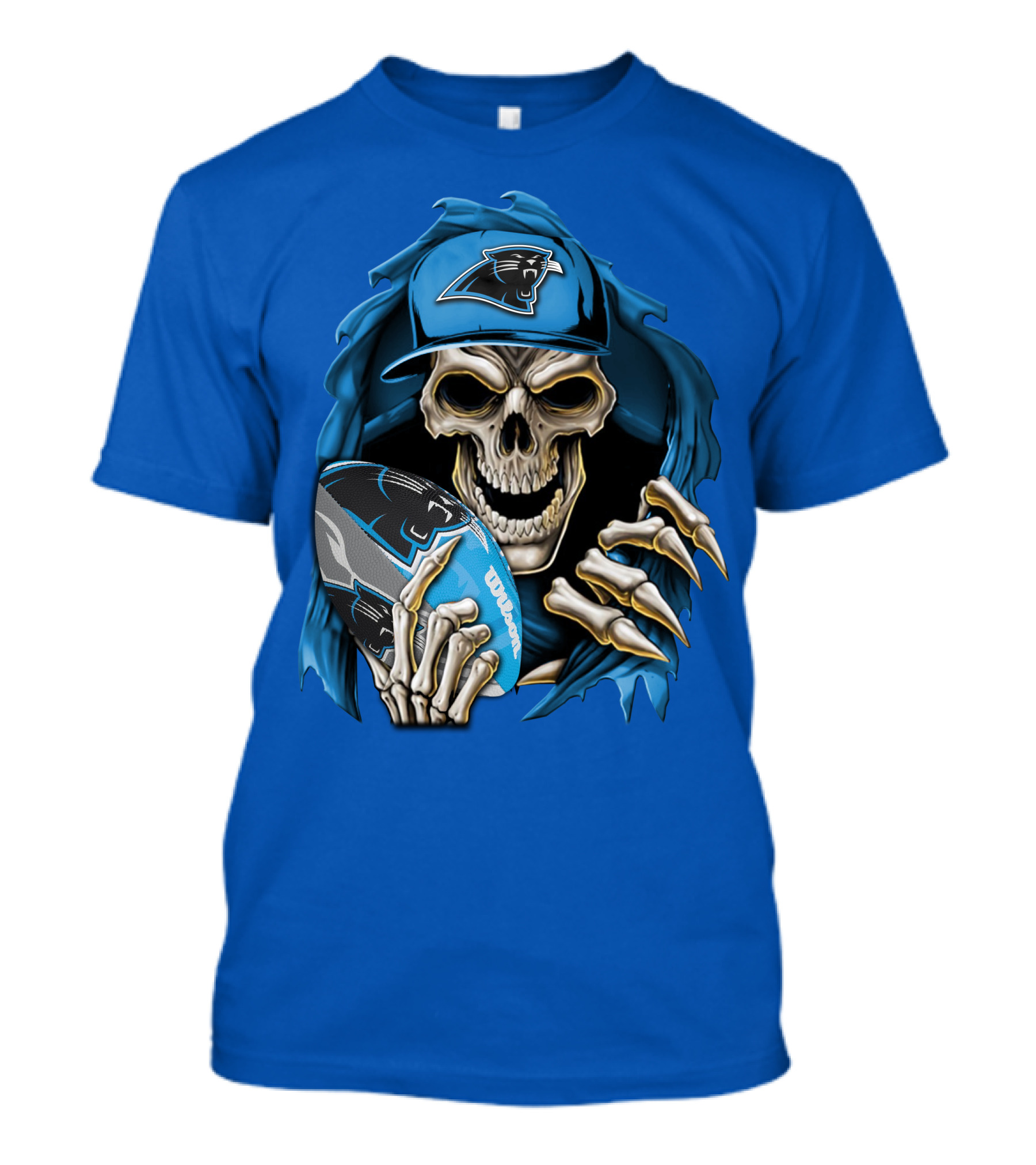 Skullbong Carolina Panthers Skeleton With Football And Team Cap T-Shirt