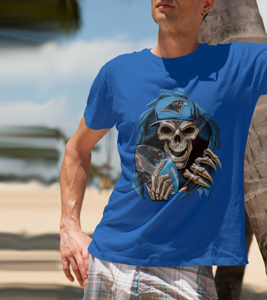 Skullbong Carolina Panthers Skeleton With Football And Team Cap T-Shirt