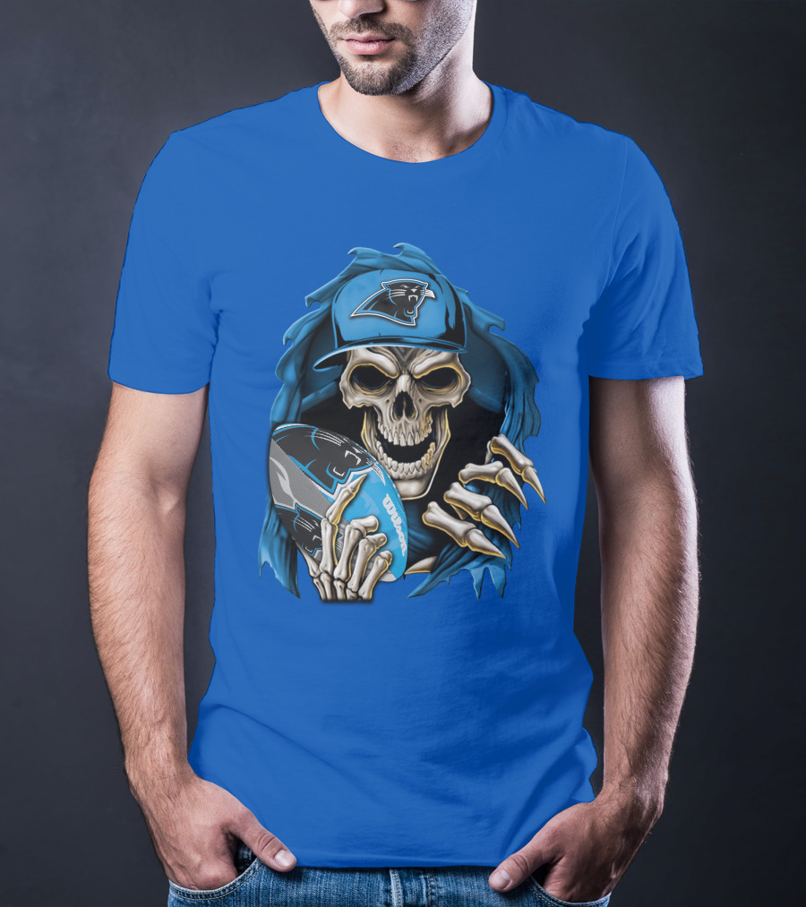 Skullbong Carolina Panthers Skeleton With Football And Team Cap T-Shirt
