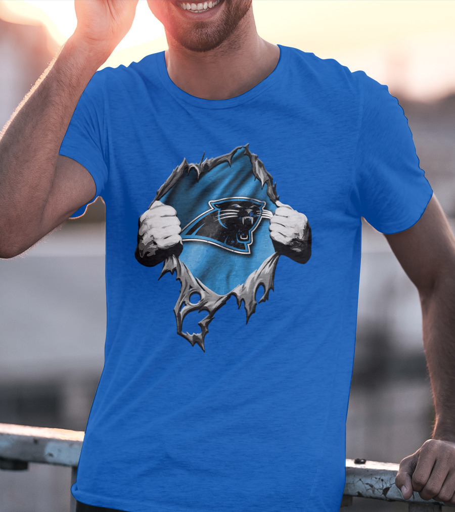 Torn Carolina Panthers Logo With Ripped Fabric And Clenched Hands T-Shirt