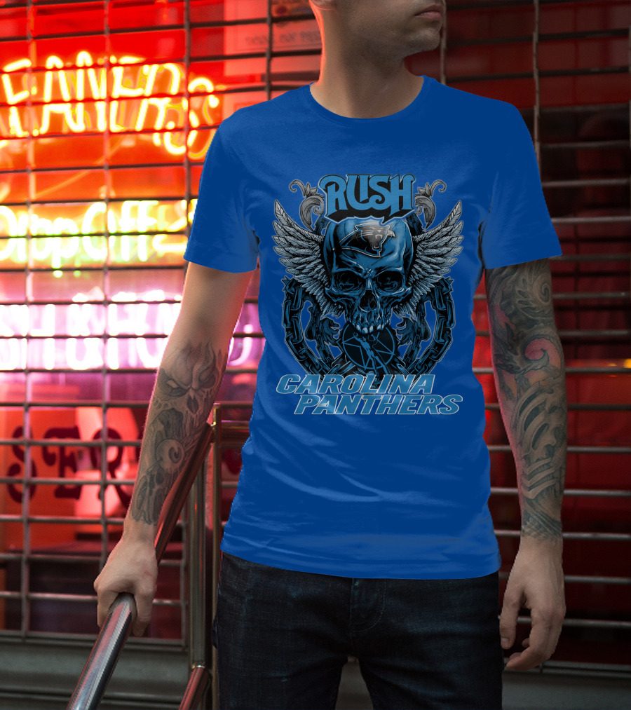 RUSH CAROLINA PANTHERS Skull Wings Helmet Chain T-Shirt