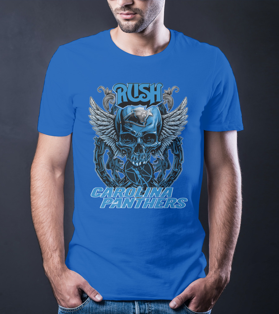RUSH CAROLINA PANTHERS Skull Wings Helmet Chain T-Shirt