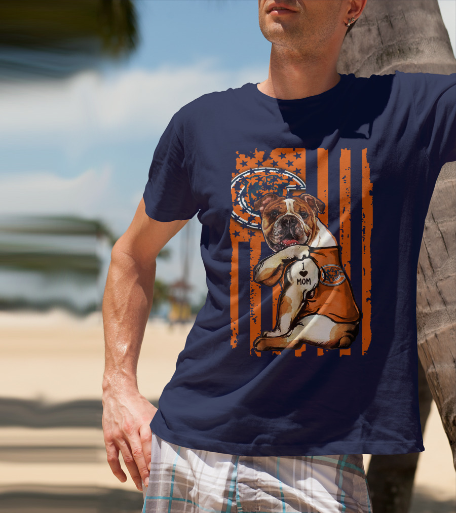Bulldog I Love Mom Chicago Bears Orange And Blue Stripes T-Shirt