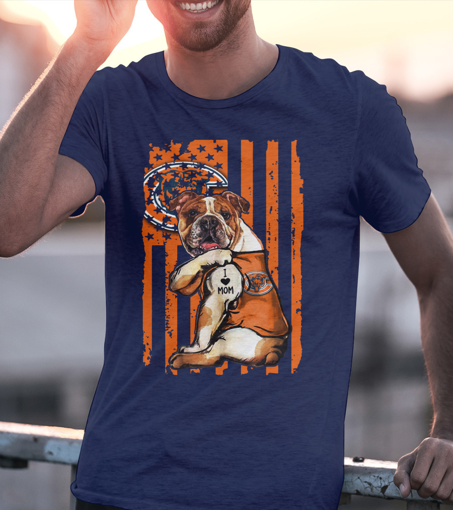 Bulldog I Love Mom Chicago Bears Orange And Blue Stripes T-Shirt
