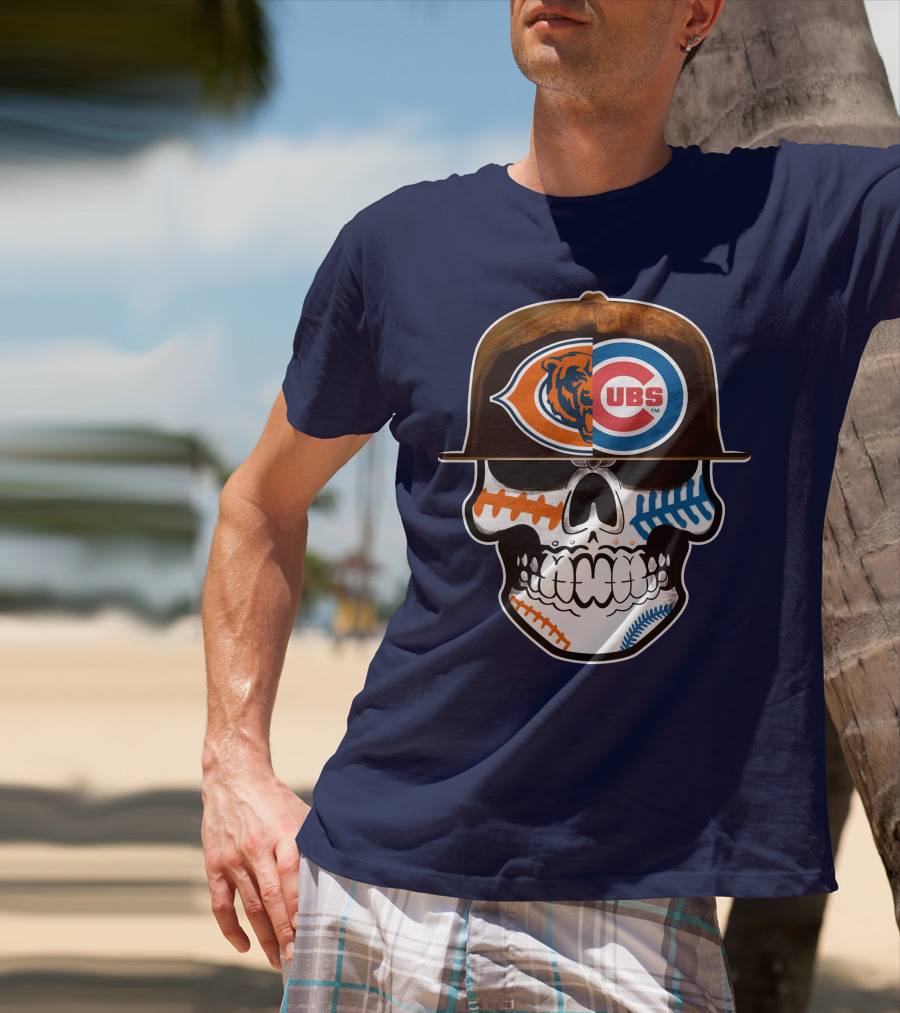 Chicago Bears Cubs Skull Cap Dual Logo Fusion T-Shirt