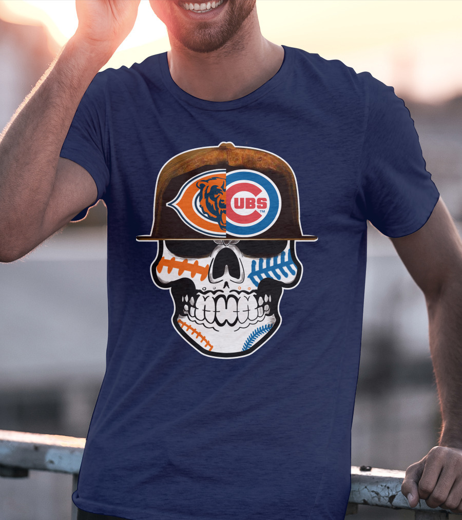 Chicago Bears Cubs Skull Cap Dual Logo Fusion T-Shirt