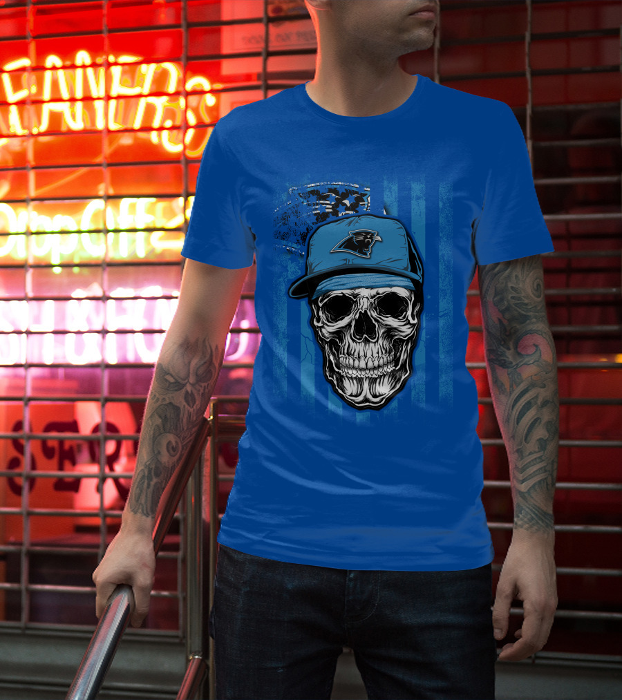 Skull With Carolina Panthers Cap And American Flag Elements T-Shirt