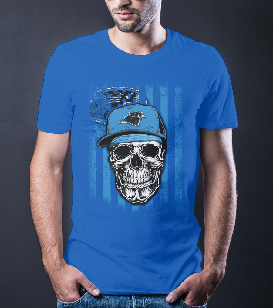 Skull With Carolina Panthers Cap And American Flag Elements T-Shirt