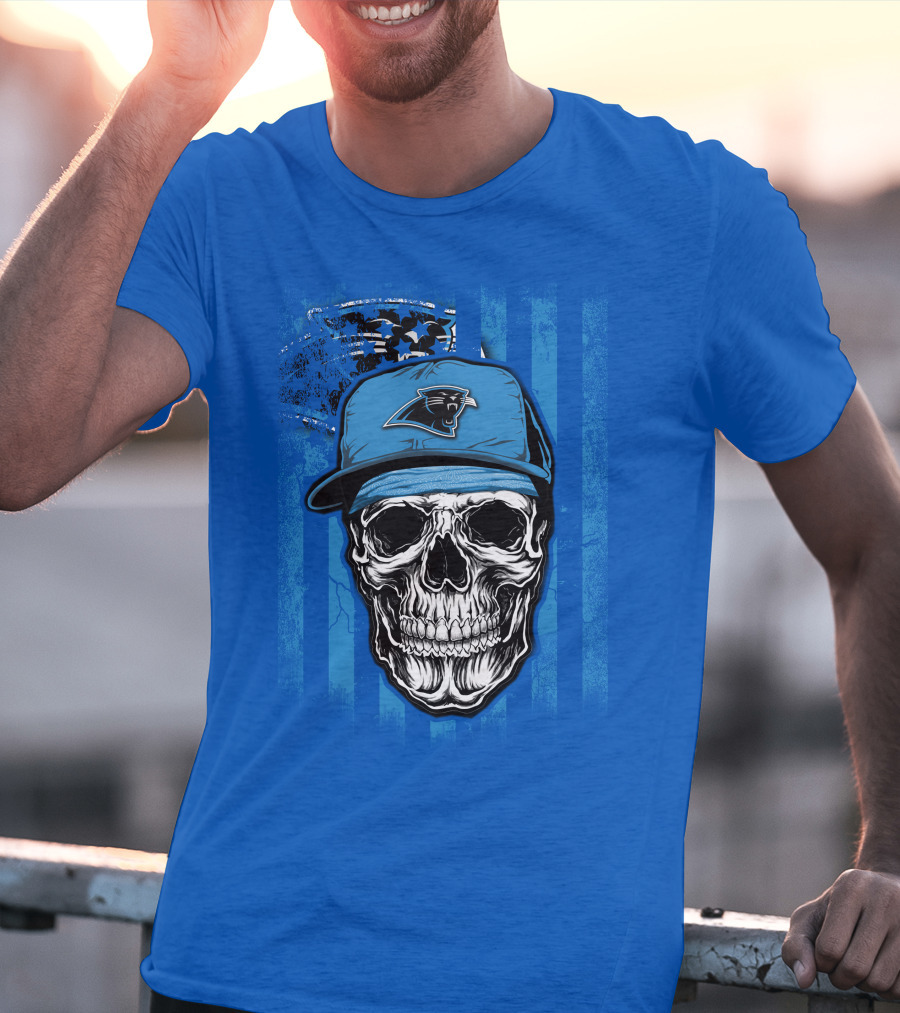 Skull With Carolina Panthers Cap And American Flag Elements T-Shirt