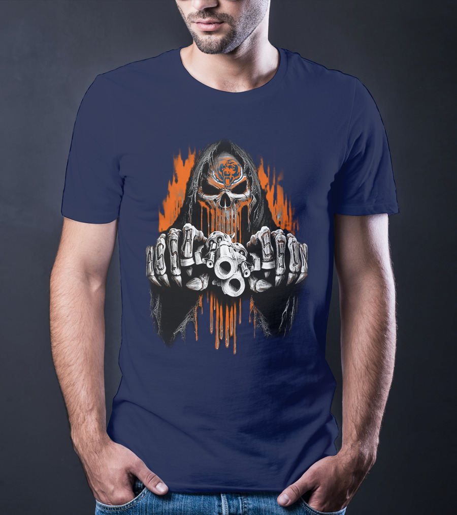 Chicago Bears Grim Reaper Skull With Orange Flames And Skull Knuckles T-Shirt