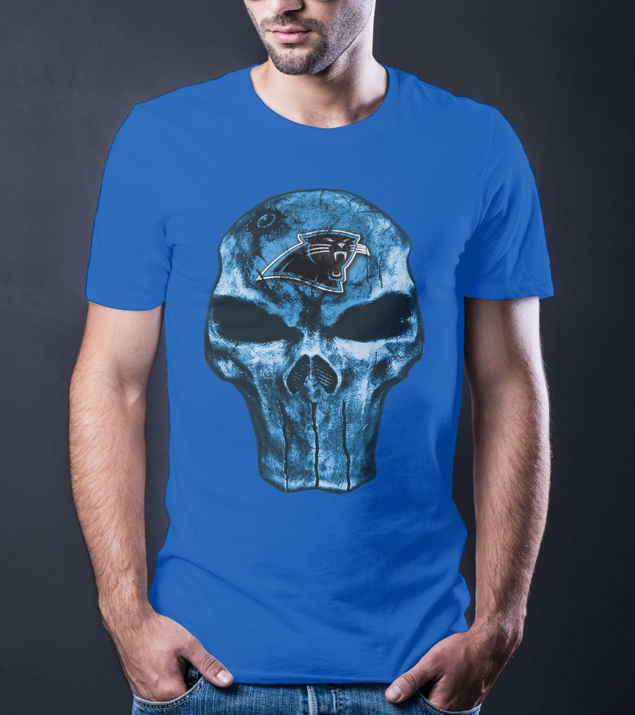 Skull With Carolina Panthers Emblem On Blue T-Shirt
