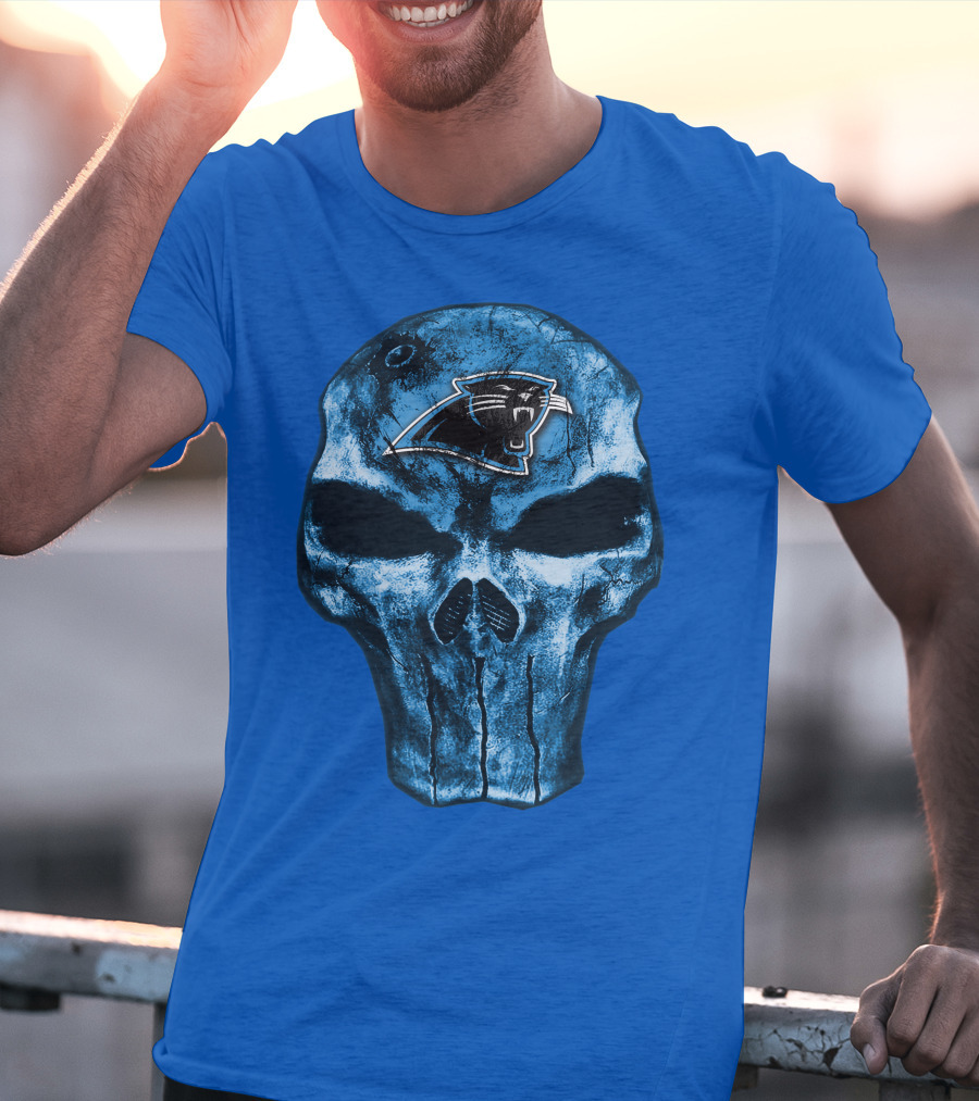 Skull With Carolina Panthers Emblem On Blue T-Shirt