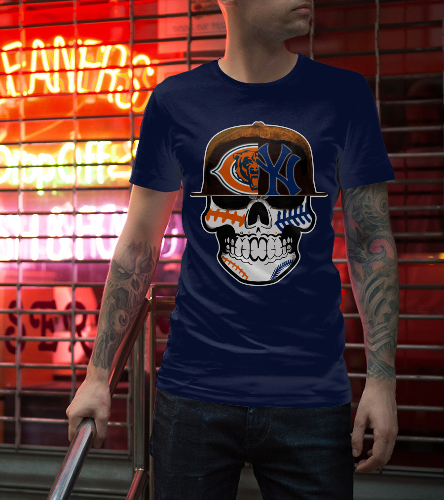 Chicago Bears Yankees Skull Football Baseball Fusion T-Shirt